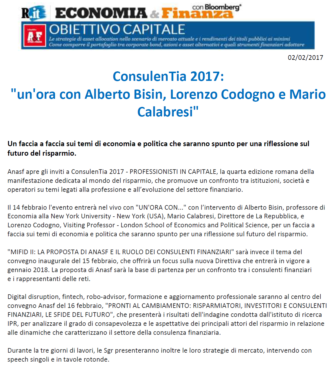 Obiettivo Capitale - ConsulenTia 2017 Un'ora con Bisin, Codogno e Calabresi